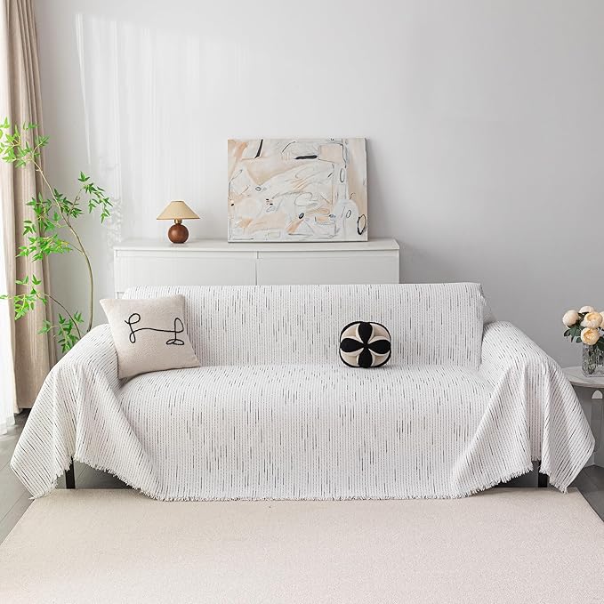 MYSKY HOME Couch Covers for 2 Cushion Couch Sectional Sofa, L Shape Sofa Protector White Chenille Couch Cover, Sofa Covers Washable Blanket with Tassel Pet Couch Cushion Cover, 71"X102"