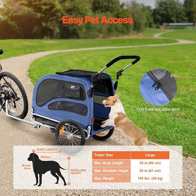 VEVOR Dog Bike Trailer, Supports up to 66/88/100 lbs, 2-in-1 Pet Stroller Cart Bicycle Carrier, Easy Folding Cart Frame with Quick Release Wheels, Universal Bicycle Coupler, Reflectors, Flag