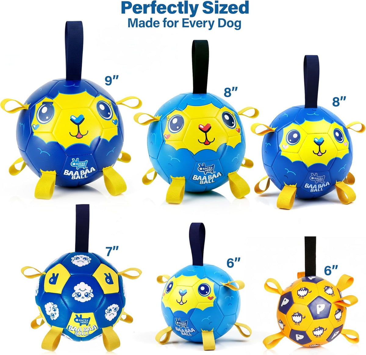 Race&Herd 6" Jolly Soccer Ball for Dogs - Tough Durable Dog Ball Toy with Straps, Pet Bouncy Herding Balls for Dogs, Floating Dog Balls with Tags for Water Fetch (BaaBaaBall, Baby Sheep)