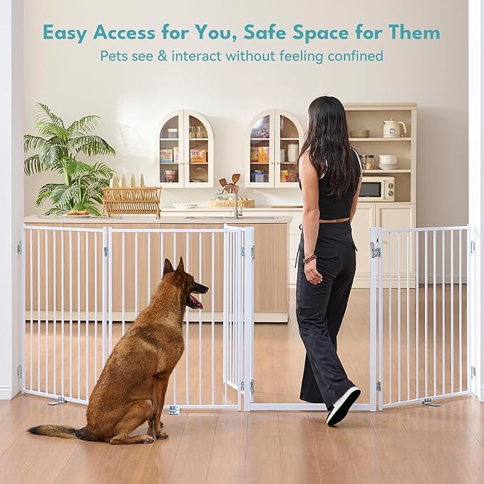 No Pawblems Free Standing Dog Gate with Door, 36'' Tall Foldable Dog Fence for Indoor & Outdoor, Up to 104 Inch Extra Wide Puppy Gate for Stairs, Hallways, Doorways, Deck, Yard (White, 4 Panels)