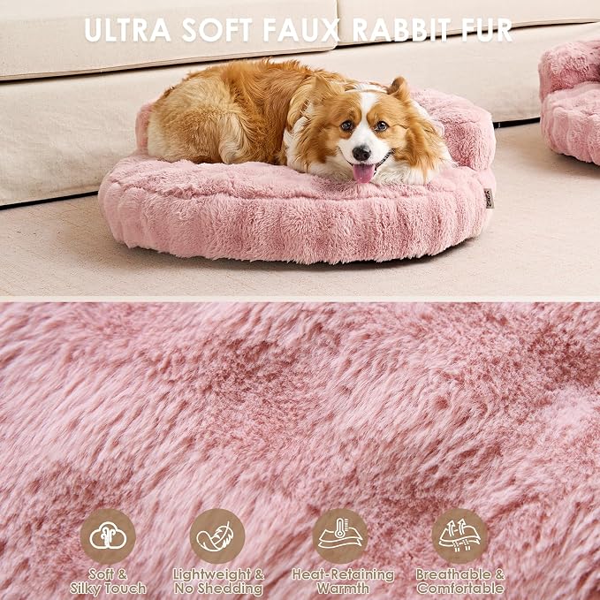 EHEYCIGA Soft Dog Couch Bed for Large Dog, Fluffy Medium Dog Bed with Removable Washable Cover, Bolster Pet Sofa, Waterproof and Non-Slip, 36" x 36"x 9", Pink