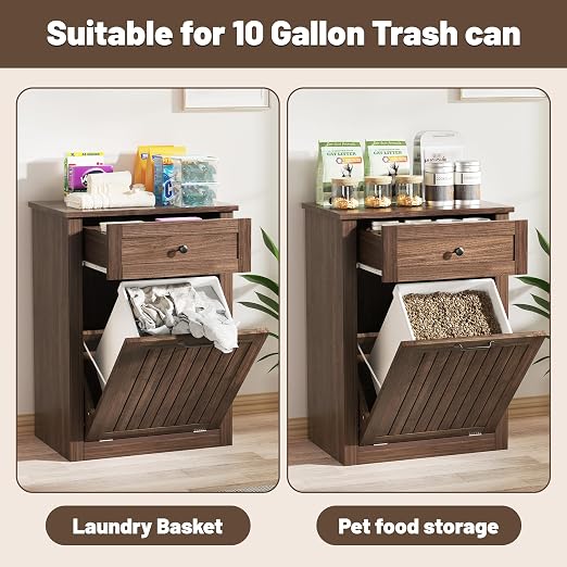 10 Gallon Tilt Out Trash Can Cabinet Drawer Hidden Trash Cabinet Walnut | Cabinet with Drawers for Kitchen, Bathroom and Laundry Room