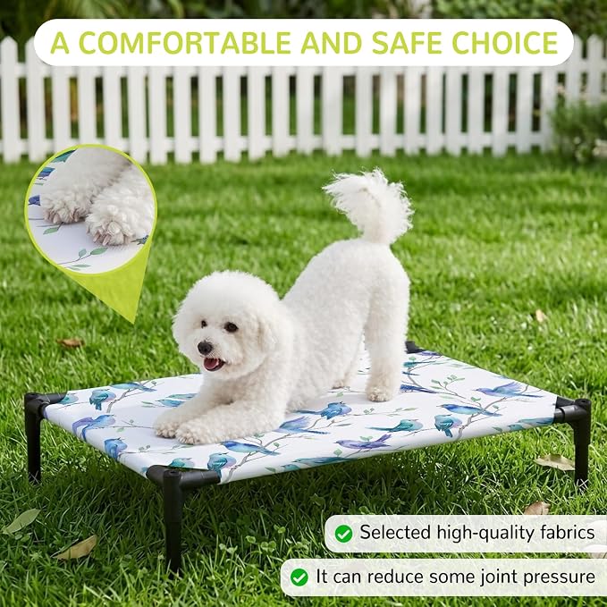 Outdoor Elevated Dog Bed for Large Dogs, Cute Birds Ombre Blue Breathable Cooling Raised Dog Cot for Indoor/Outdoor, Spring Country Animals Branches Waterproof Elevated Pet Beds, L 28 x 22 in