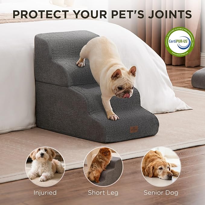 Joydeco Dog Stairs for Bed 22.8" H, 4-Step Pet Steps for Small Dogs and Cats, Dog Steps for High Bed, Non-Slip Balanced Ramp Indoor Pet Stairs, Gray