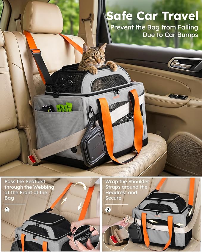 Pecute Top Expandable Cat Carrier Sturdy Pet Bag with 5mm Anti-Collapse Steel Frame, Soft Dog Carrier for Car Travel Vet Visits Outdoor Hammock,Foldable Travel Crate with Leakproof Pee Pad & Bowl,Gray