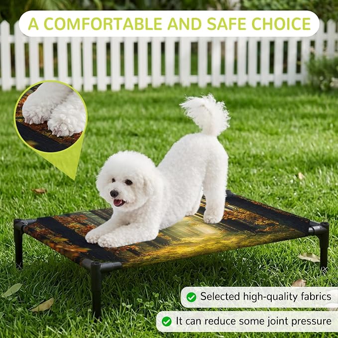 Outdoor Elevated Dog Bed for Medium Dogs, Forest Breathable Cooling Raised Dog Cot for Indoor/Outdoor, Sunlight Rustic Trees Orange Green Mystery Waterproof Elevated Pet Beds, M 24 x 20 in
