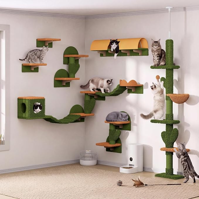 Cactus Cat Climbing Furniture Set with Floor to Ceiling Cat Tree | 5 Tier Cat Tower Adjustable Height (87-104in) and Wall Mounted Cat Shelves, with Cat Scratching Posts, Tunnel, Condo, Green