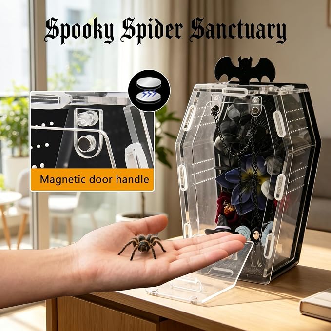 15 Pcs Acrylic Spider Enclosure Kit with Magnetic Door | Gothic Coffin Design, 3mm Clear Acrylic, Magnetic Feeding Port, DIY Decor Set, Spider Habitat, Tool-Free Assembly