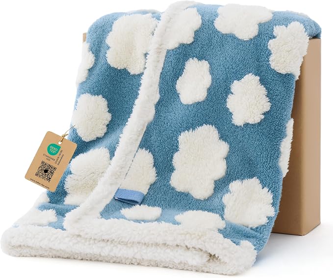 LE SURE Waterproof Dog Blankets for Small Dogs Cute Cozy 3D Jacquard,25x35 | Puppy Blanket for Cat Aesthetic Gift, Warm Soft Sherpa Throw Washable, Reversible Pet Couch Protector, Clouds Blue