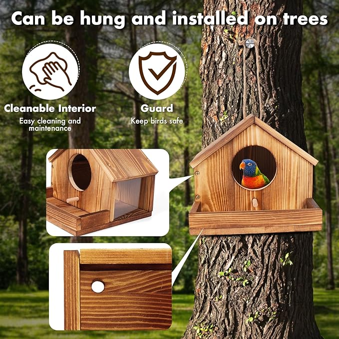 Bird Houses for Outside, Natural Wooden Birdhouse with Viewing Window & Drainage, Weather-Resistant, Tree/Wall Hanging Garden Decor, Gift for Bird Lovers