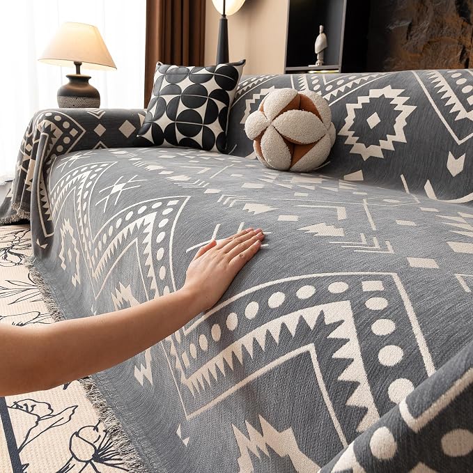 VClife Aztec Geometric Chenille Couch Cover Washable Sofa Cover for 2 Cushion Couch Sofa Retro Vintage Gray White Tribal Pattern Sofa Slipcover for Sectional Couch 71" X 118"