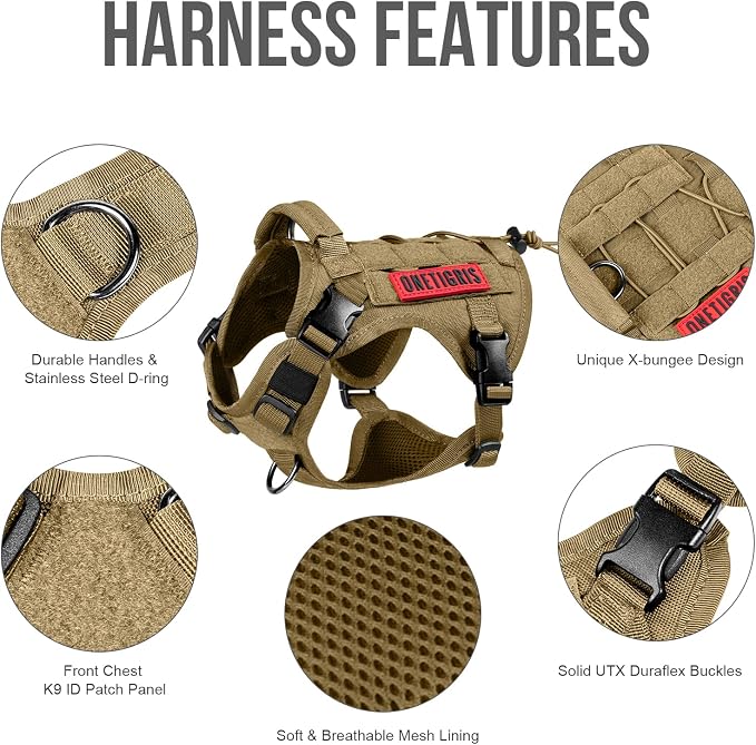 OneTigris Tactical Dog Harness with Handle No-Pull Adjustable for Small Dog | Military 1000D Pullable Nylon, Service Dog Vest with Hook & Loop Panels, Easy On & Off for Walking Hiking Training Brown XS