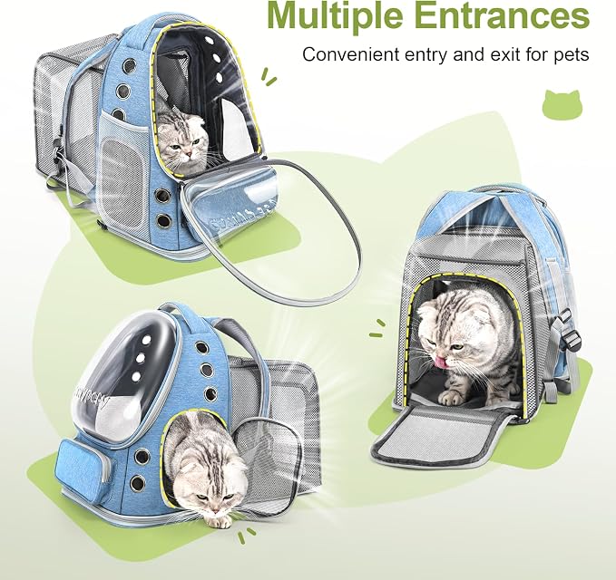 Cawypety Expandable Cat Backpack,Cat Bubble Backpack Carrier for Carrying Cats, Pets and Small Dogs,Airline-Approved,Designed for Travel, Hiking, Walking,Car （Blue