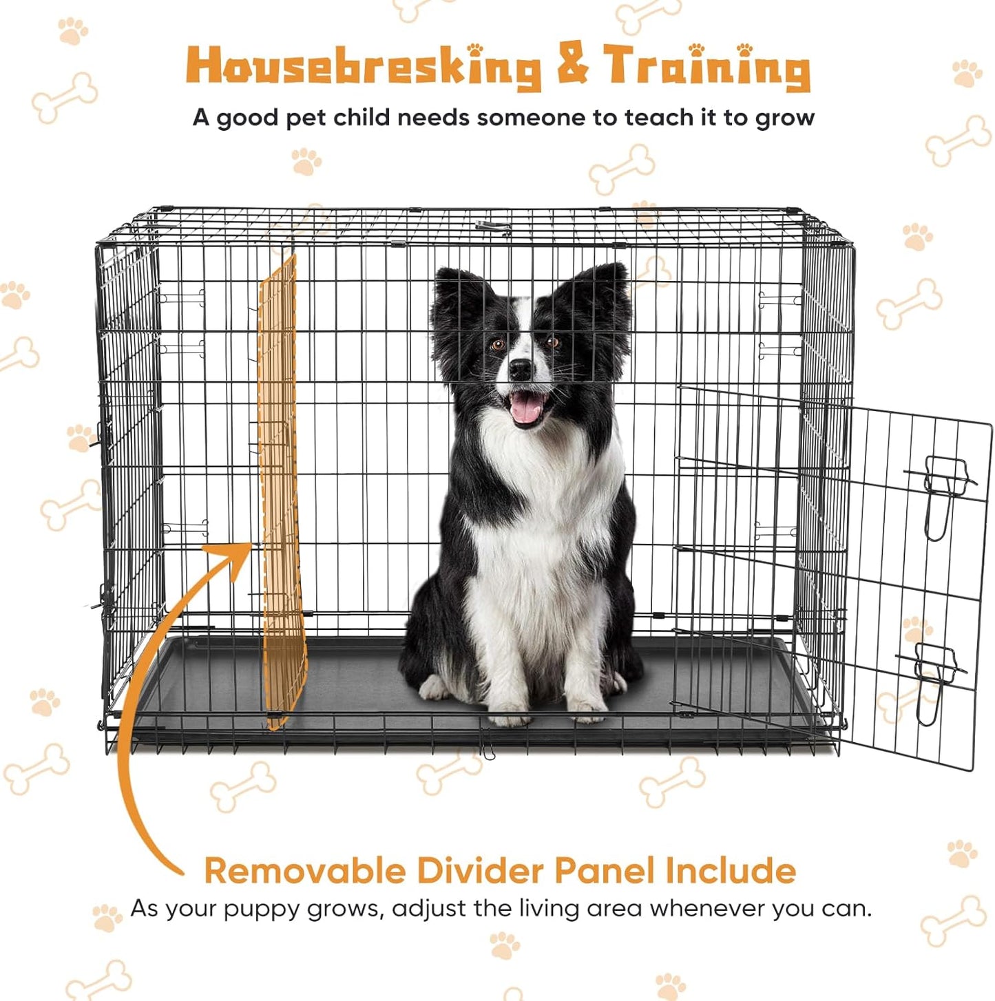 DUMOS Dog Crate, 42 Inch Large Double Door Dog Cage with Divider Panel and Plastic Leak-Proof Pan Tray, Folding Metal Wire Pet Kennel for Indoor, Outdoor, Travel