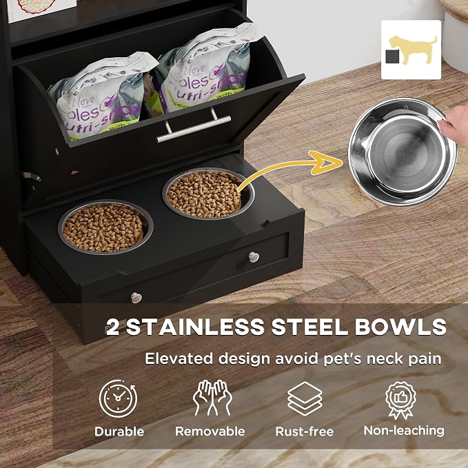 PawHut Dog Feeding Station with Raised Bowls, Pet Feeder Station, Black | Dog Food Storage Cabinet, Hanger for Feeding & Watering Supplies
