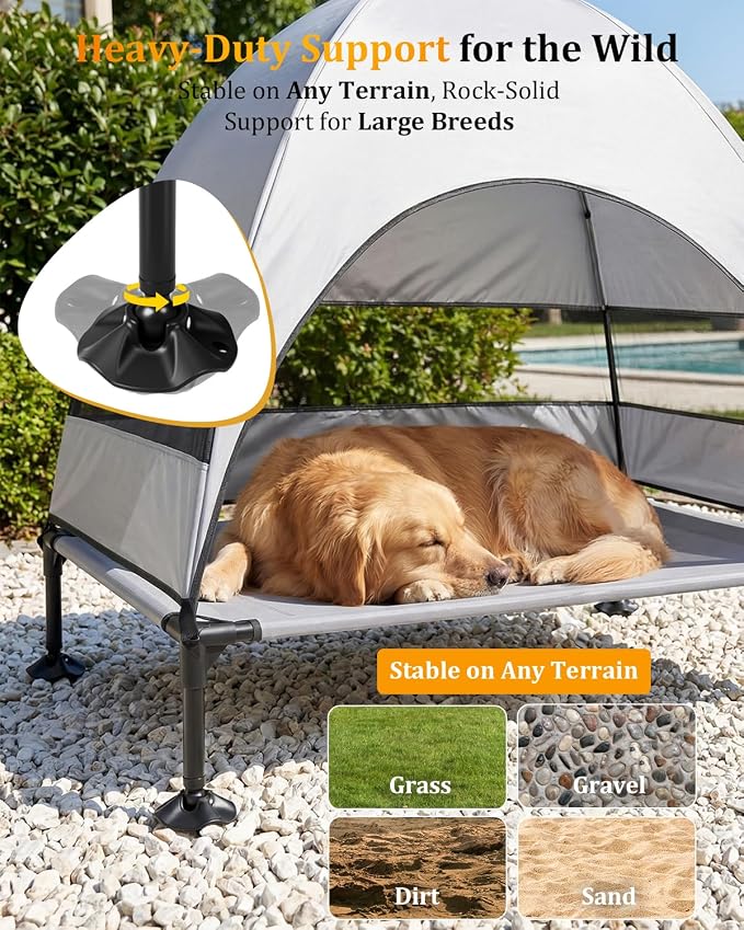 Elevated Dog Bed with Canopy - 3-Sided UV Protection Pet Tent with Wider Shade, Raised Cooling Outdoor Dog Cot with Breathable Mesh for Medium Large Dogs, Portable Pet Bed for Camping, Patio (Grey, L)