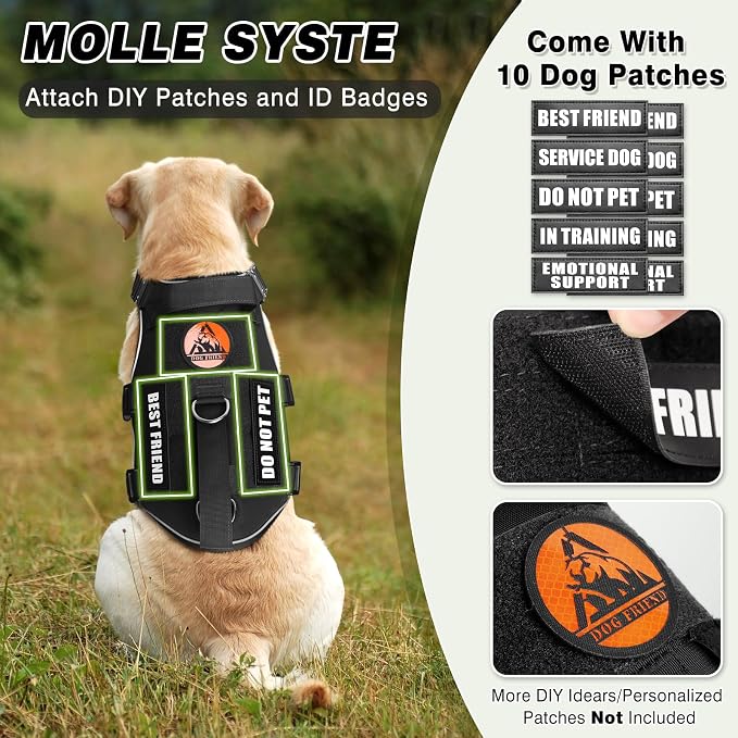 Tactical Dog Harness and Leash Set with Metal Buckles+10 Patches | Heavy Duty Service Dog Vest ,Adjustable Harness for Medium Sized Dogs,No Pull Front Back Clips,for Training Hiking,Black M