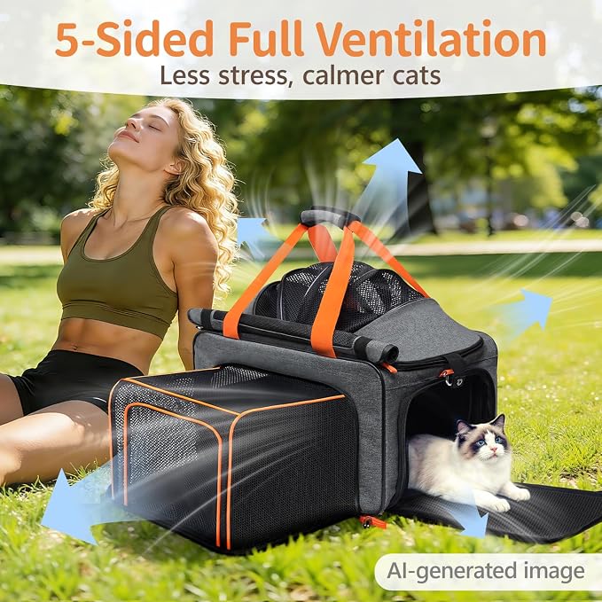 Cat Pet Dog Carrier Soft Sided Airline Approved, Large Foldable Travel Cat Bag for Kittens & Puppies Up to 15 Lbs, Top Loading Mesh, Expandable Breathable Comfort for Transport Scenarios