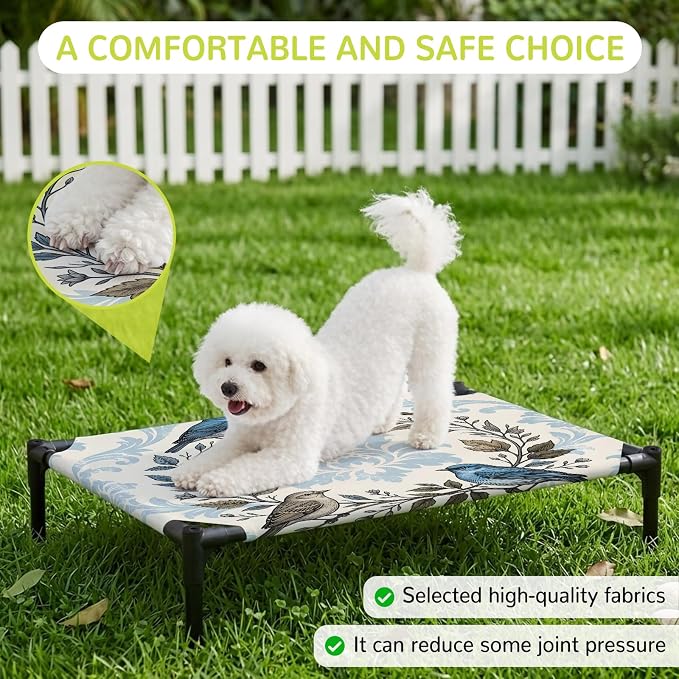 Outdoor Elevated Dog Bed for Large Dogs, Blue Floral Breathable Cooling Raised Dog Cot for Indoor/Outdoor, Rustic Birds Flowers Vintage Branch Garland Waterproof Elevated Pet Beds, L 28 x 22 in