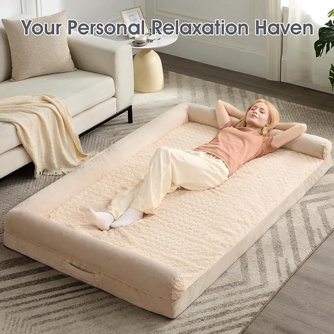 BFPETHOME Orthopedic Washable Human Dog Bed for Adult & Dog Cozy Sleep | Human Size Waterproof Big Soft Pet Couch Bed for Adult & Dogs Relax with Removable Cover Supportive Foam Beige 61x43 Inch