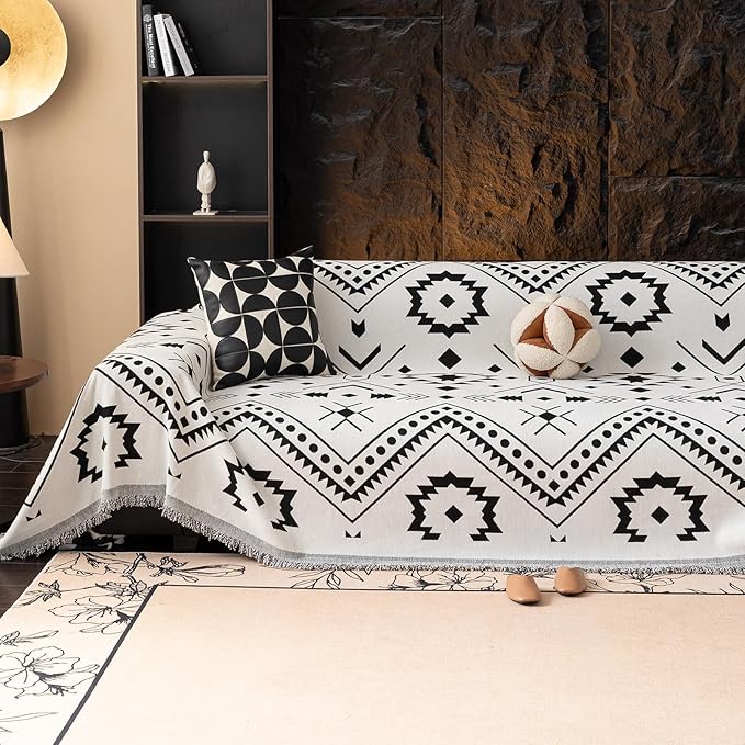 VClife Southwestern Tribal Sofa Cover Bohemian Black White Aztec Geometric Pattern Couch Cover Furniture Protector with Tassel Fringe 3-Seater Couch Cushion Cover 71" X 134"