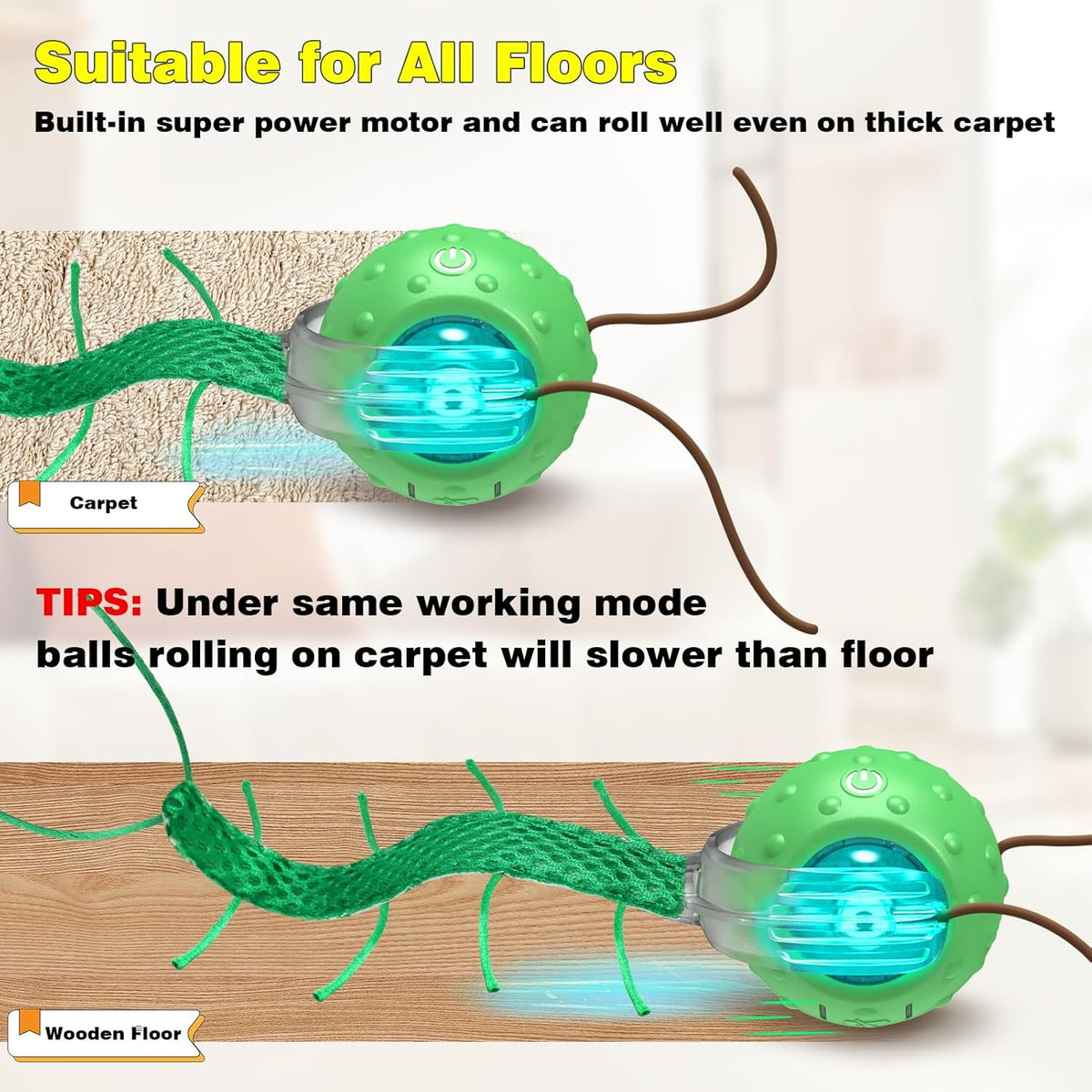 Interactive Cat Toys for Indoor Cats, Moving Cat Ball with Tail, Fast Rolling on Carpet, Chirping & Motion Activate Toy for Bored Indoor Adult Cats