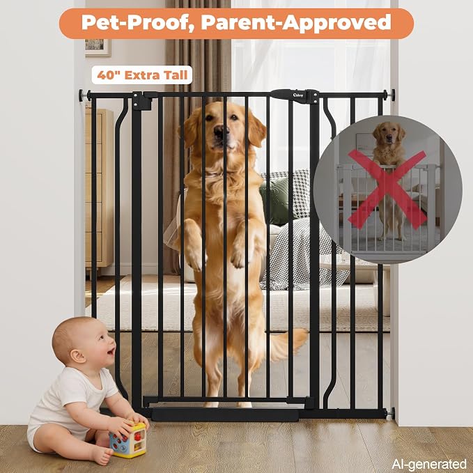40" Extra Tall Baby Gate No Drilling, Auto Close Dog Gate, Black | Indoor for Doorways & Stairs, Pressure Mounted 29"-40" Wide Pet Gate, Easy Walk Through Gate for Baby & Pet Stroller Friendly
