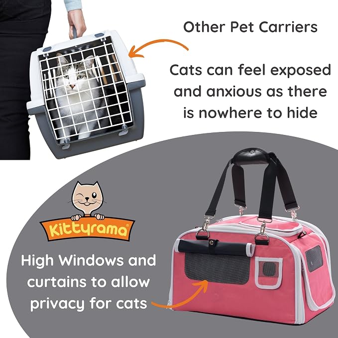 Kittyrama Soft-Sided Airline Approved Cat Carrier with Expandable Hideaway | Escape-Proof SBS Self-Locking Zippers | 22 lb Capacity | Vet Approved | Top & Side Entry | 17×11×11 in