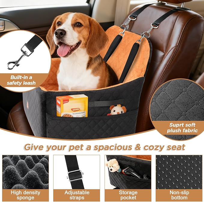 Dog Car Seat for Small/Medium Dogs Up to 35lbs, Puppy Car Seat with Thick Cushion, Detachable Washable Dog Carseat with Storage Pockets, 2 Safety Belts (Brown)