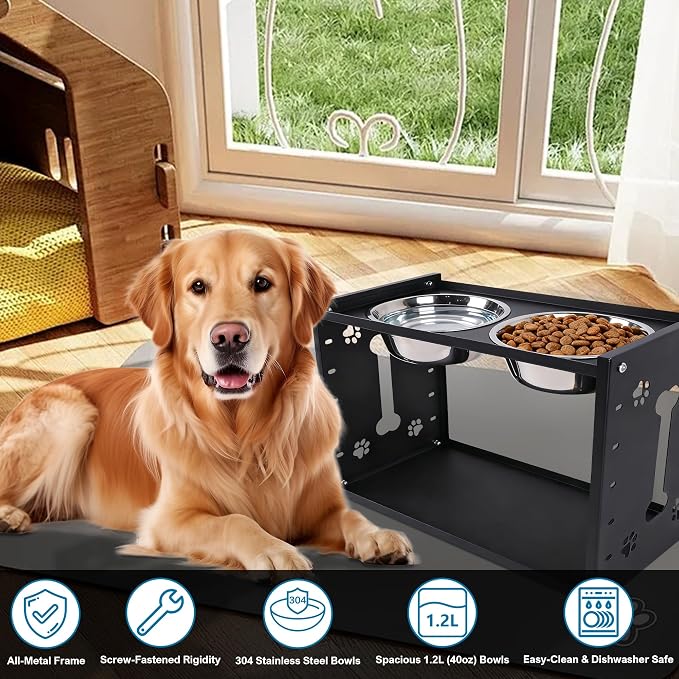 FORUP All-Metal Elevated Dog Bowls, Heavy Duty Cold-Rolled Steel Frame, 6-Height Adjustable Raised Feeder Stand with 2 Stainless Steel Bowls, Anti-Slip Rubber Feet for All Breeds (2.5"-12.2")