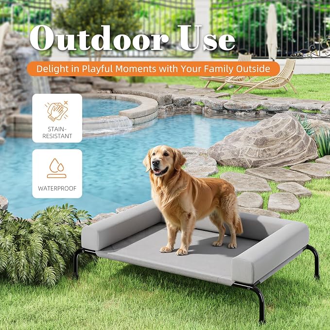 Simple Trending Elevated Dog Bed for Large Dogs with Bolsters, Grey | Cooling Raised Dog Cot, Breathable Pet Bed for Outdoor, 47.75" x 31"