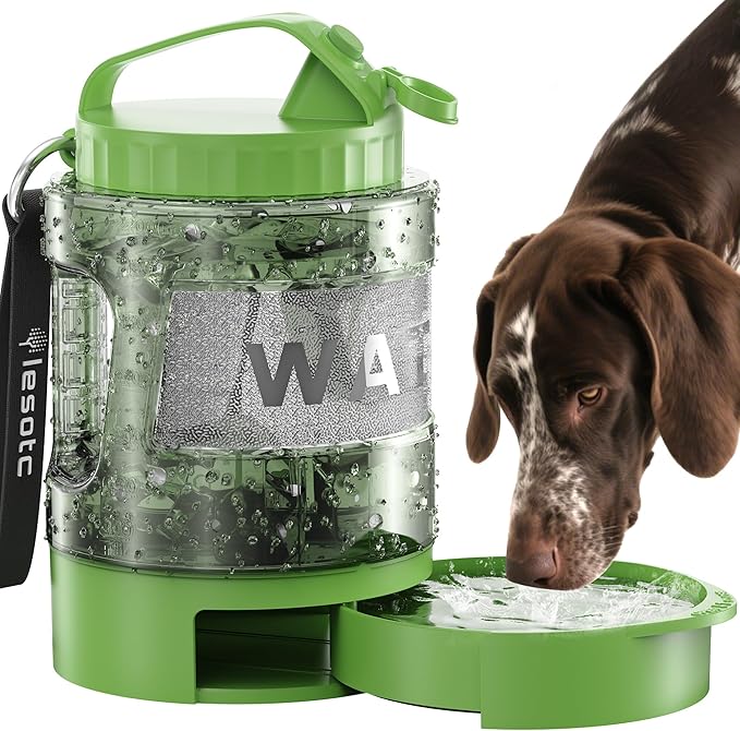 lesotc Portable Dog Water Bowl Dispenser - 77oz Travel Water Bottle with Pop-Out Drinking Bowl, No-Spill Design for Camping, Hiking & Car Rides - Keep Your Dog Hydrated Anywhere, Green