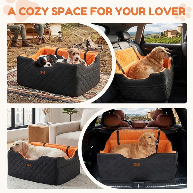 Dog Car Seat for Large Medium Dogs up to 55 lbs, Memory Foam Dog Booster Seat with Storage Pocket, 2 Safety Leashes,Washable Cover, Portable Anxiety Pet Travel Bed, Black