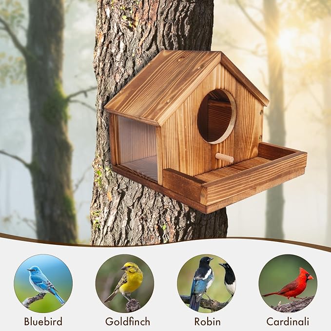 Bird Houses for Outside, Natural Wooden Birdhouse with Viewing Window & Drainage, Weather-Resistant, Tree/Wall Hanging Garden Decor, Gift for Bird Lovers