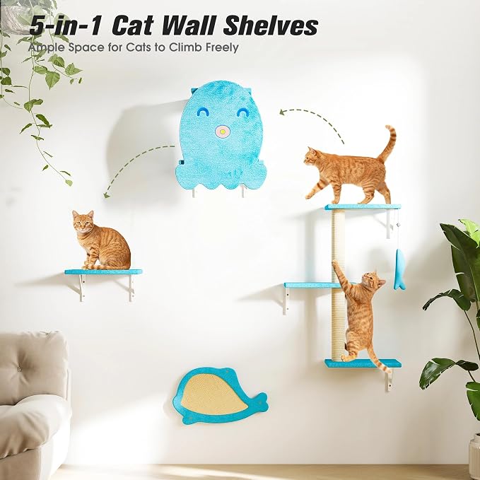 5 Pcs Wall-Mounted Climber Set, Wood Indoor with Shelves and Perches, Ladder, Condo House, Scratching Board and Tree, Wall Shelves Furniture for Cats (Ocean Blue)