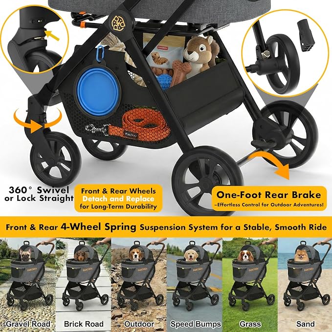 PAWZIDEA Pet Stroller 4-in-1, Foldable Dog Stroller with Detachable Carrier for Small Medium Dogs & Cats, Escape-Proof No-Zip Canopy, Lightweight Portable Travel Crate & Car Seat Combo, Storage Basket