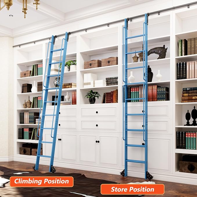 DIYHD 120" Rolling Library Ladder with Handrail, 4FT Sliding Rail, Blue | 10-Step lightweight ladder with space-saving upright storage, Telescopic top hooks, Locking bottom rollers, 300lbs capacity