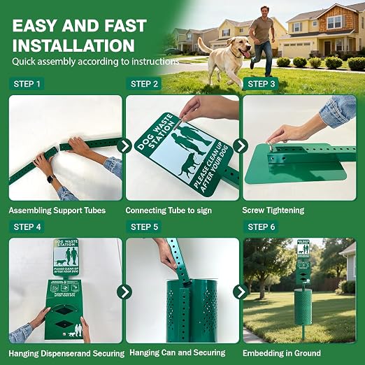 POCHAR Aluminum Dog Waste Station for Pet Parks with Poop Bags & Liner Bags | Rustproof Pet Poop Station Outdoor, Dog Park Equipment with Sign & Lid - Pet Poop Disposal System for Backyard