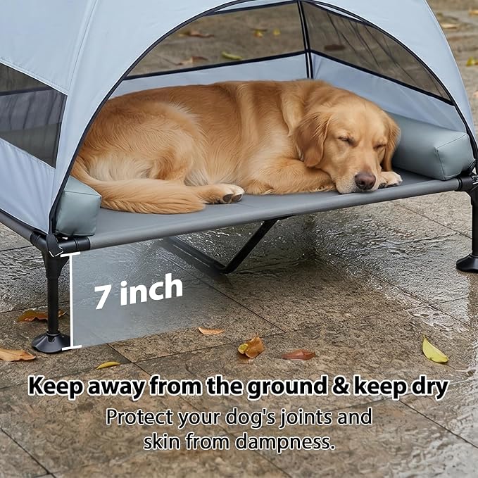 iweepet Upgraded 4 in1 Elevated Dog Cot with Removable Canopy & Bolster Pillows for Large & Extra Large Dog,Cooling Raised Outdoor Dog Bed with Breathable Teslin Mesh,Carry Bag for Camping, Backyard