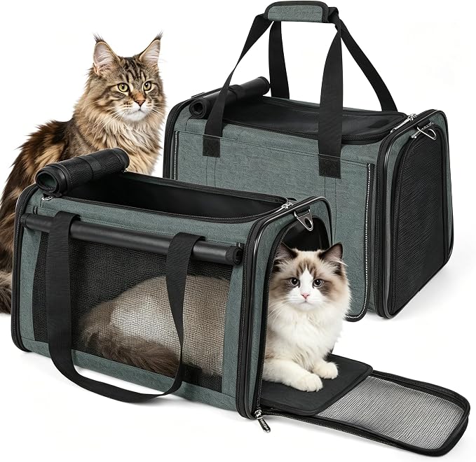 YUDODO 2 Packs 25 lbs Lightproof Soft Sided Pet Carrier for Large Cat & Small Dog Airline Approved Travel Bag Puppy Carriers with Side Pockets & Reflective Mesh, Foldable Portable for Car 2 Grey Green
