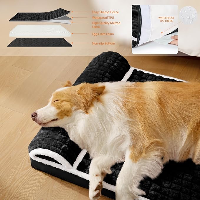 Orthopedic Large Dog Bed Pillow Pet Sofa Bed 56''X40'' Black | Egg-Crate Foam Pet Couch Large Sized Dog, Waterproof Removable Washable Cover,Furry Puppy Crate Mat With Nonskid Bottom