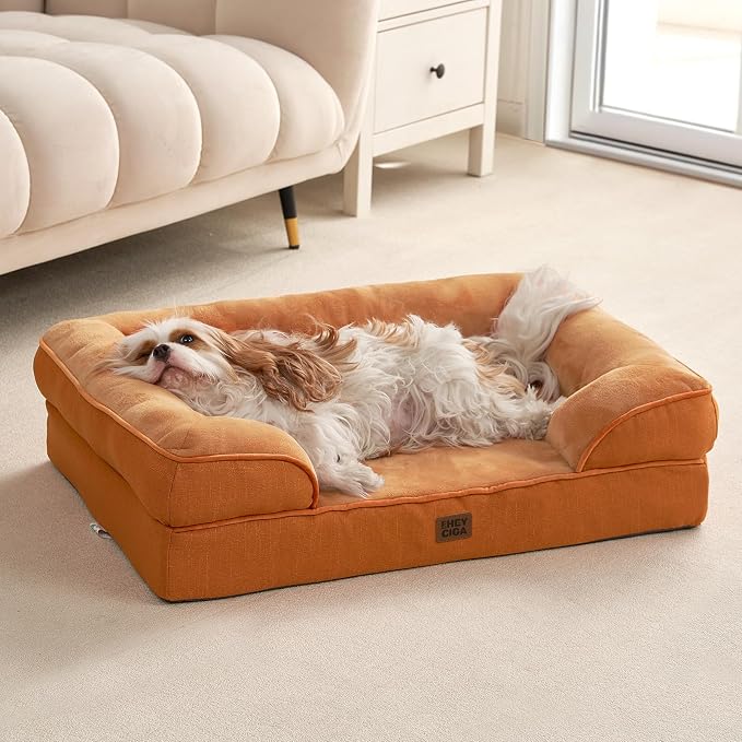 EHEYCIGA Orthopedic Small Dog Bed, Waterproof Memory Foam Washable Pet Beds | Non-Slip Bottom and Egg-Crate Foam Medium Pet Couch Bed with Washable Removable Cover,Pumpkin Orange