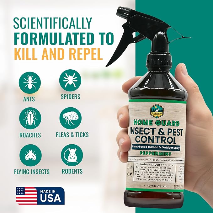 Home Guard Peppermint Insect & Pest Control Spray – Peppermint & Cedarwood Oil Deodorizer with Extended Protection – USA-Made, Safe for Kids & Pets – Kills & Repels Bugs – Indoor & Outdoor Use - 16oz