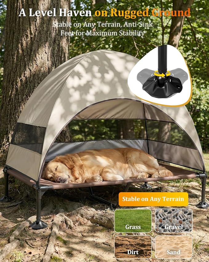Elevated Outdoor Dog Bed with Canopy, Raised Dog Cot with Stable Adjustable Feet, Dog Camping Bed with Larger Shade, Lifted Dog Tent Bed with Canopy for Outside (Beige, X-Large)