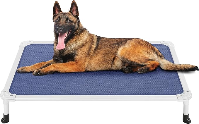 Veehoo Chew Proof Elevated Dog Bed, Cooling Raised Pet Cot, Silver Aluminum | Indestructible Dog Bed with Durable Textilene Mesh Fabric, No-Slip Feet for Indoor or Outdoor Use, 42", Large, Blue
