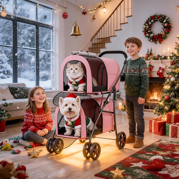 MoNiBloom Double Dog Stroller for Small and Medium Dog Cats, Pink/Gray | Pet Stroller with Detachable Carrier Bags Large 4 Wheels Foldable Jogger for Small and Medium Dog Cats