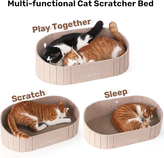FUKUMARU Cat Scratcher, 24 Inch Sofa Shape Cat Scratching Bed Couch Indoor | Oval Felt Cat Scratcher Bed with Reversible Detachable Cat Scratching Boards, Round Cats Scratch Pads Refill, Beige