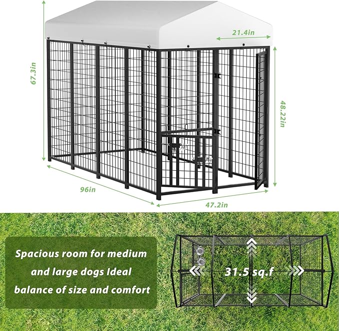 LOVMOR 8' x 4' Outdoor Dog Kennel with Roof for Large Dogs | Heavy duty steel frame, waterproof canopy, double latch door, adjustable feeding bowls for yards and patios