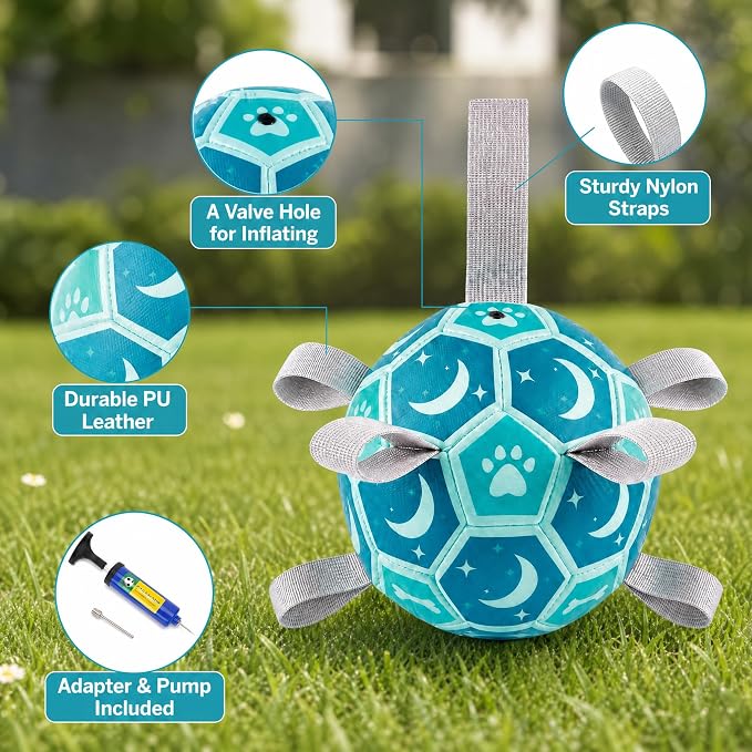 Dog Toys Balls, Dog Soccer Ball with Straps, Dog Birthday Gifts, Durable Balls for Small Medium Pet, Puppy Outdoor Toy, Pet Training Soccer Ball, World Cup Soccer (7.25 Inch) (Blue, Large)