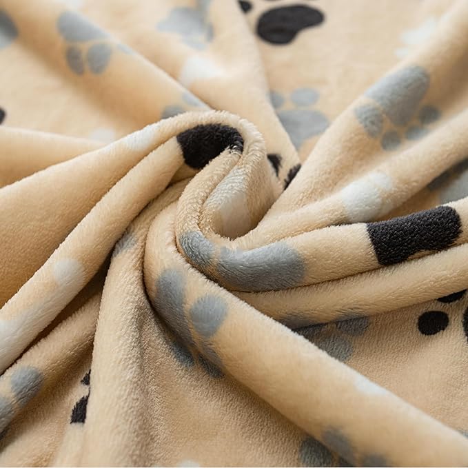 Dog Blanket Paw Bone Pattern 1 Pack 1 Super Soft Warm Flannel Sofa Cover Car Bed Protector, Urine Proof Washable Outdoor Pet Blanket for Puppy Large Dogs & Cats,80"*60" Beige